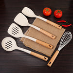 Wooden Handle Silicone Kitchen Utensil Set, Non-Stick Pan, Silicone Spatula, Soup Spoon, High Temperature Resistant Silicone Cooking Spatula, Daily Kitchen Utensils